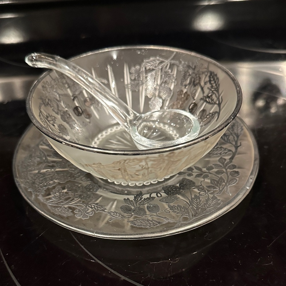 Elegant Glass Bowl and Plate Set with Ladle